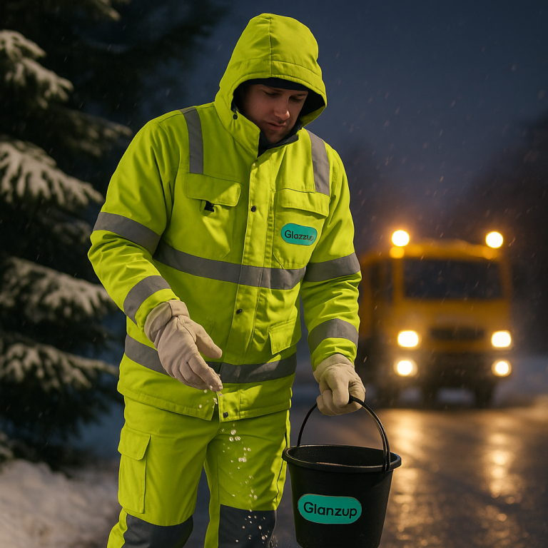 Winterdienst-Mitarbeiter mit Warnkleidung streut Salz auf vereiste Straße bei Nacht – sichert Wege und Eingänge im Winter.